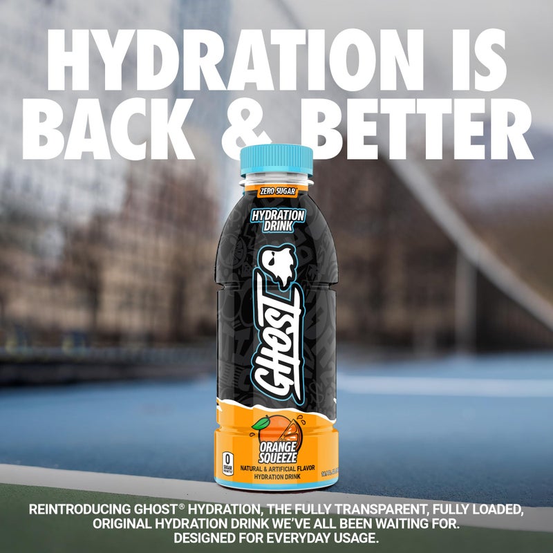 GHOST Hydration Drink, Orange Squeeze - RTD Sports Drink with Electrolytes, Natural Vitamins & Minerals - All Day Lifestyle Hydration Beverage - Zero Caffeine & Zero Sugars - 16.9 Fl Oz, 12 Pack - Image 2
